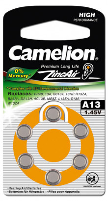 Батарейка Camelion ZA13 BL-6 Mercury Free 1,4 V, 280mAh, для слуховых аппаратов