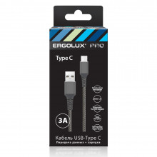 Кабель ERGOLUX ELX-CDC08-C41 (Кабель USB-Type C, 3А, 1,2м, Черный-белый, Ткань, Зарядка+ПД, Коробка)