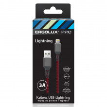 Кабель ERGOLUX ELX-CDC09-C43 (Кабель USB-Lightning, 3А, 1,5м, Черный-красный, Ткань, Зарядка+ПД, Кор