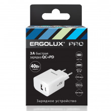 Сетевой адаптер ERGOLUX ELX-РA04QC-C01 (GaN 40 Вт,1USB+1Type C, 100-270В, 5V-12V/3,3А, QC, Белый)