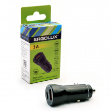 Автомобильный адаптер ERGOLUX ELX-CA01-C02 (1USB+1Type C, 12В, 5V/3А, LED, черный, коробка)