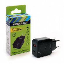 Сетевой адаптер ERGOLUX ELX-РA01QC-C02 (1USB+1Type C, 100-220В, 5-9V/3А, QC,16Вт.черный, коробка)