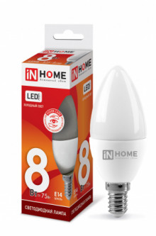 IN HOME Лампа светодиодная LED-СВЕЧА-VC 8Вт 230В Е14 6500К 600Лм