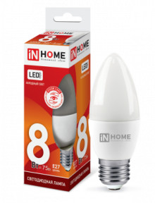 IN HOME Лампа светодиодная LED-СВЕЧА-VC 8Вт 230В Е27 6500К 600Лм