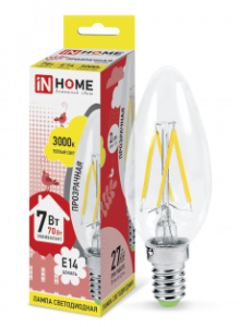 IN HOME лампа LED-C37 7Вт 230В Е14 3000К 630Лм (нить)