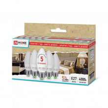 IN HOME лампа LED-СВЕЧА-ECO 5Вт 220В Е27 4000К 375Лм (5шт. в упак)