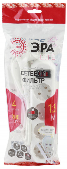 ЭРА сетевой фильтр USF-M-4es-1.5m-W  ЭРА (белый) с заземл, 3x0,75мм2, с выкл, 4гн, 1.5м